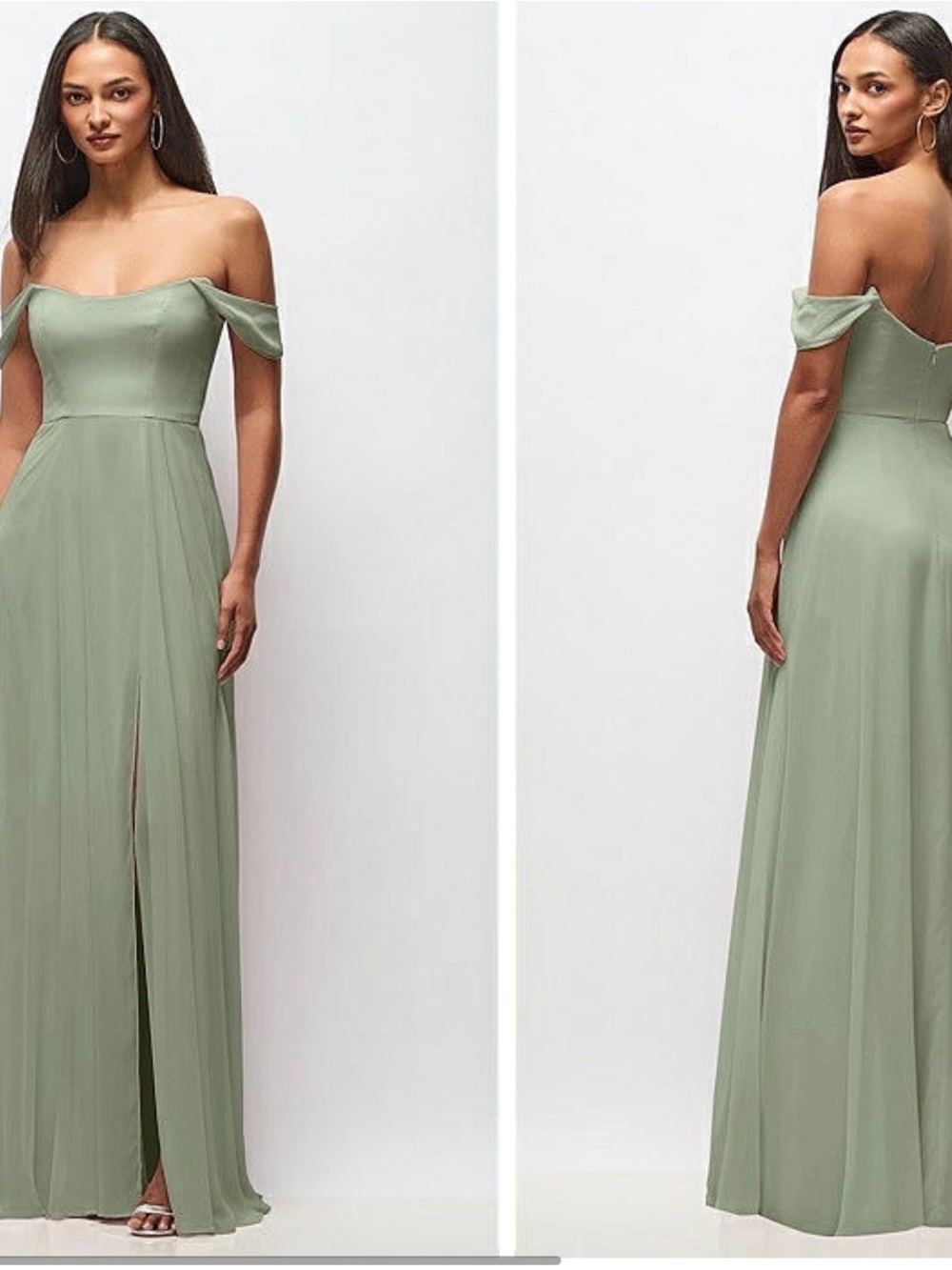 Dessy Group Off-the-Shoulder Sage Green Maxi Dress Style #1560
